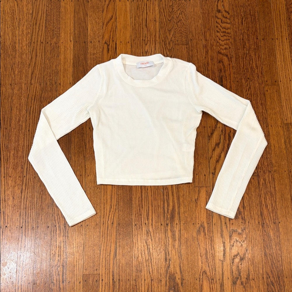 Renee C Long Sleeve Ribbed Crop Top – White -- Women’s Small